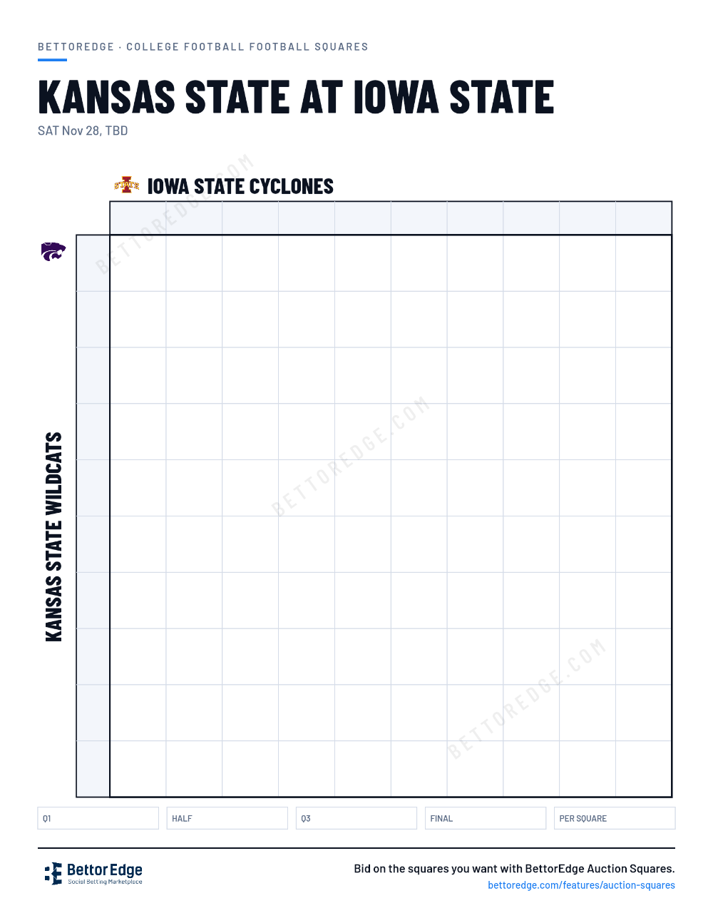 Kansas State at Iowa State squares, free printable 10x10 football squares grid