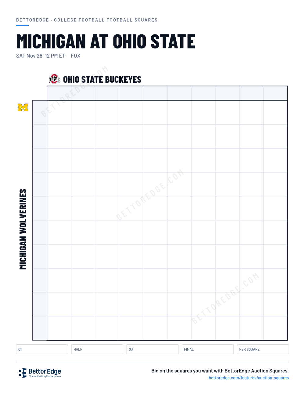 Michigan at Ohio State squares, free printable 10x10 football squares grid