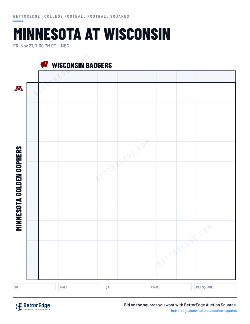 Minnesota at Wisconsin squares, free printable 10x10 football squares grid