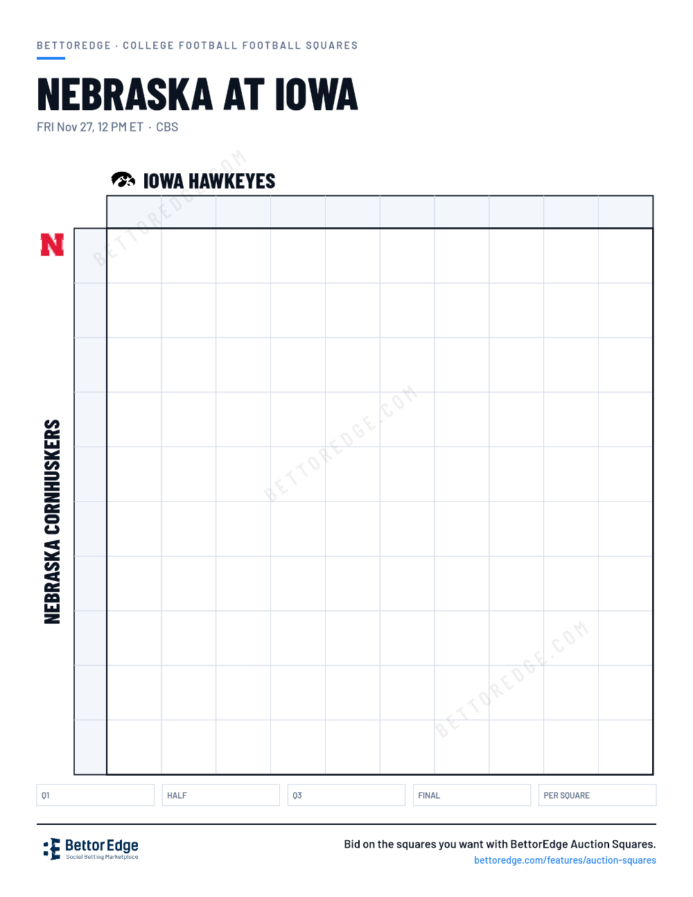 Nebraska at Iowa squares, free printable 10x10 football squares grid