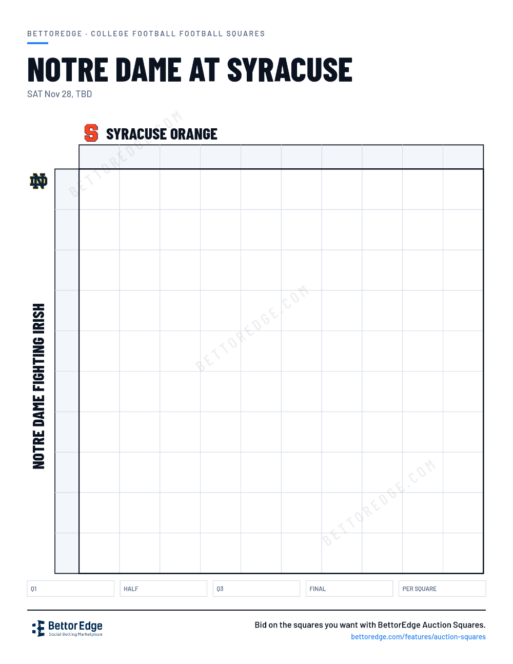 Notre Dame at Syracuse squares, free printable 10x10 football squares grid