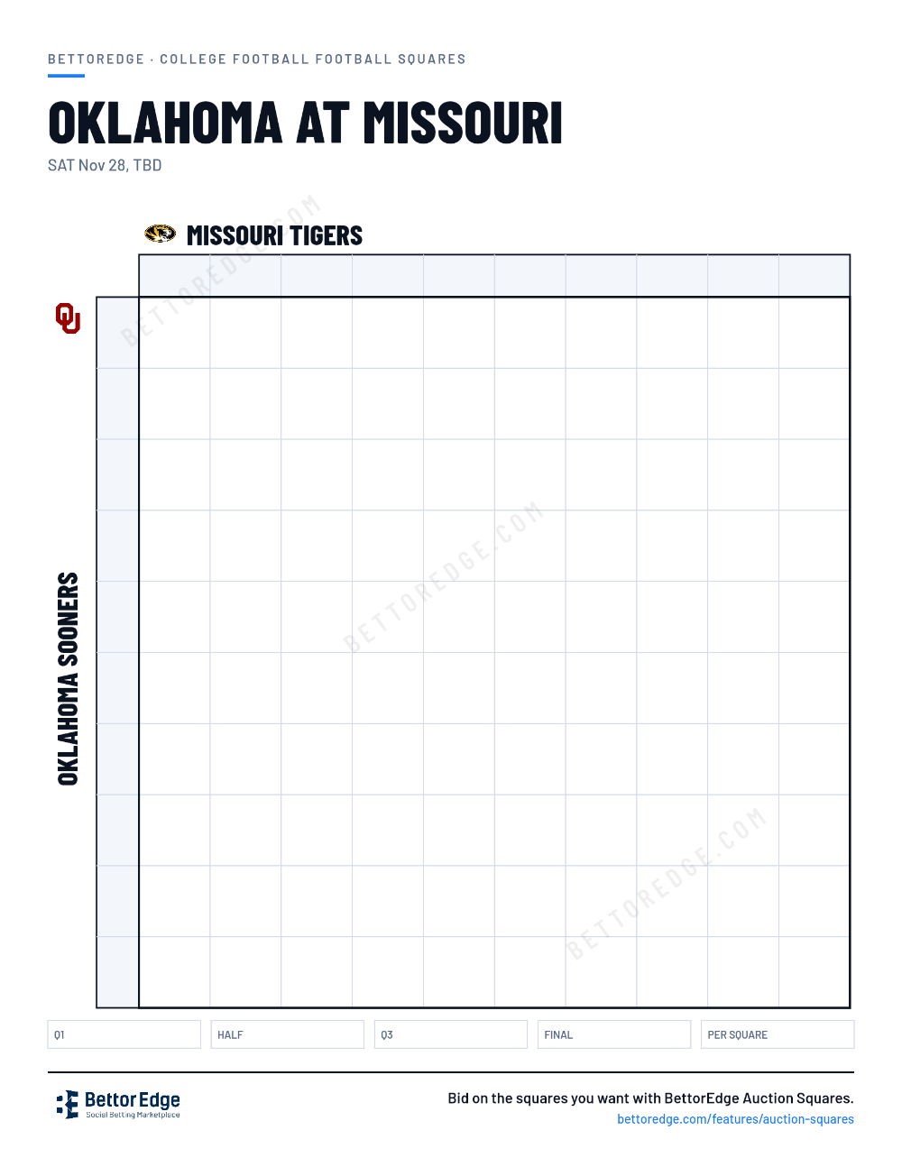 Oklahoma at Missouri squares, free printable 10x10 football squares grid