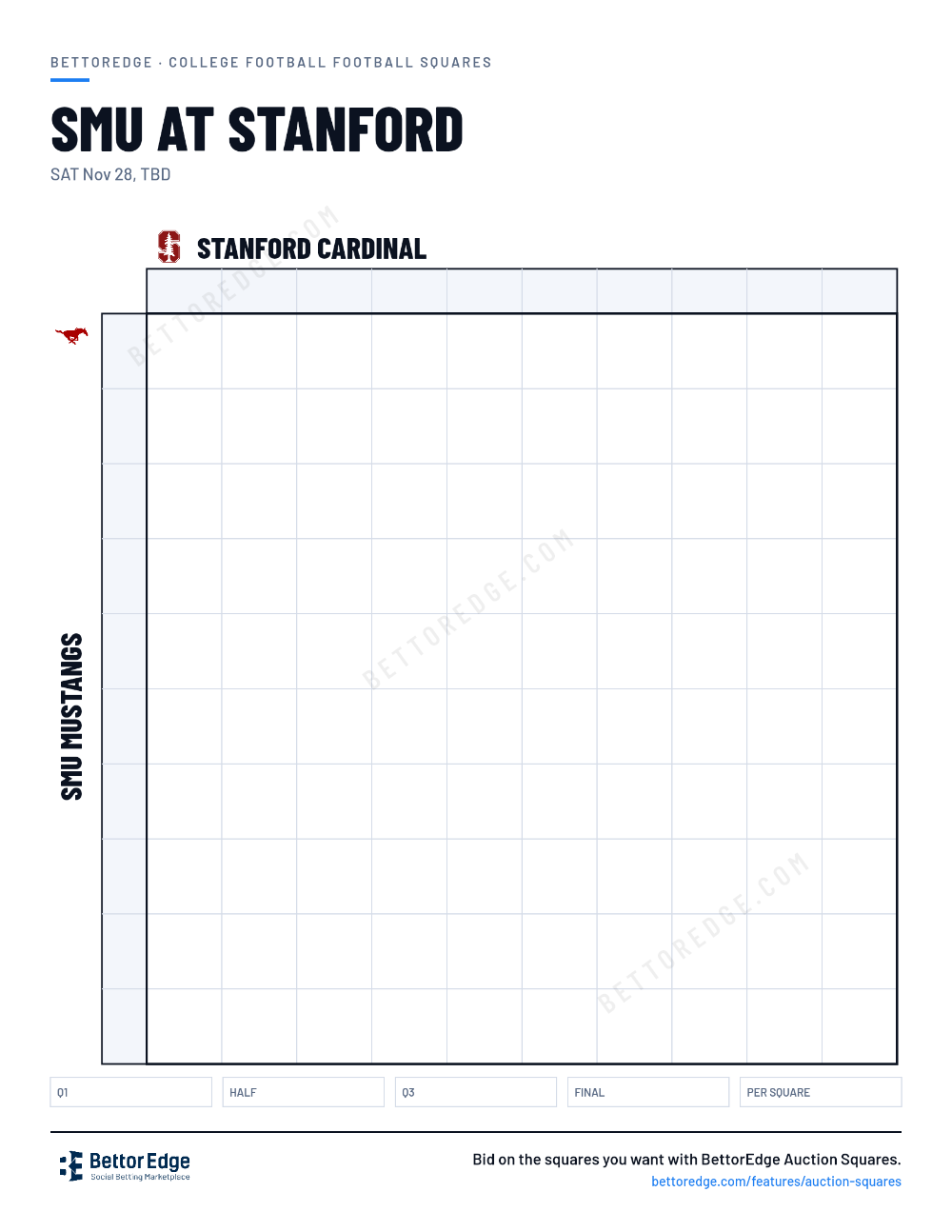 SMU at Stanford squares, free printable 10x10 football squares grid