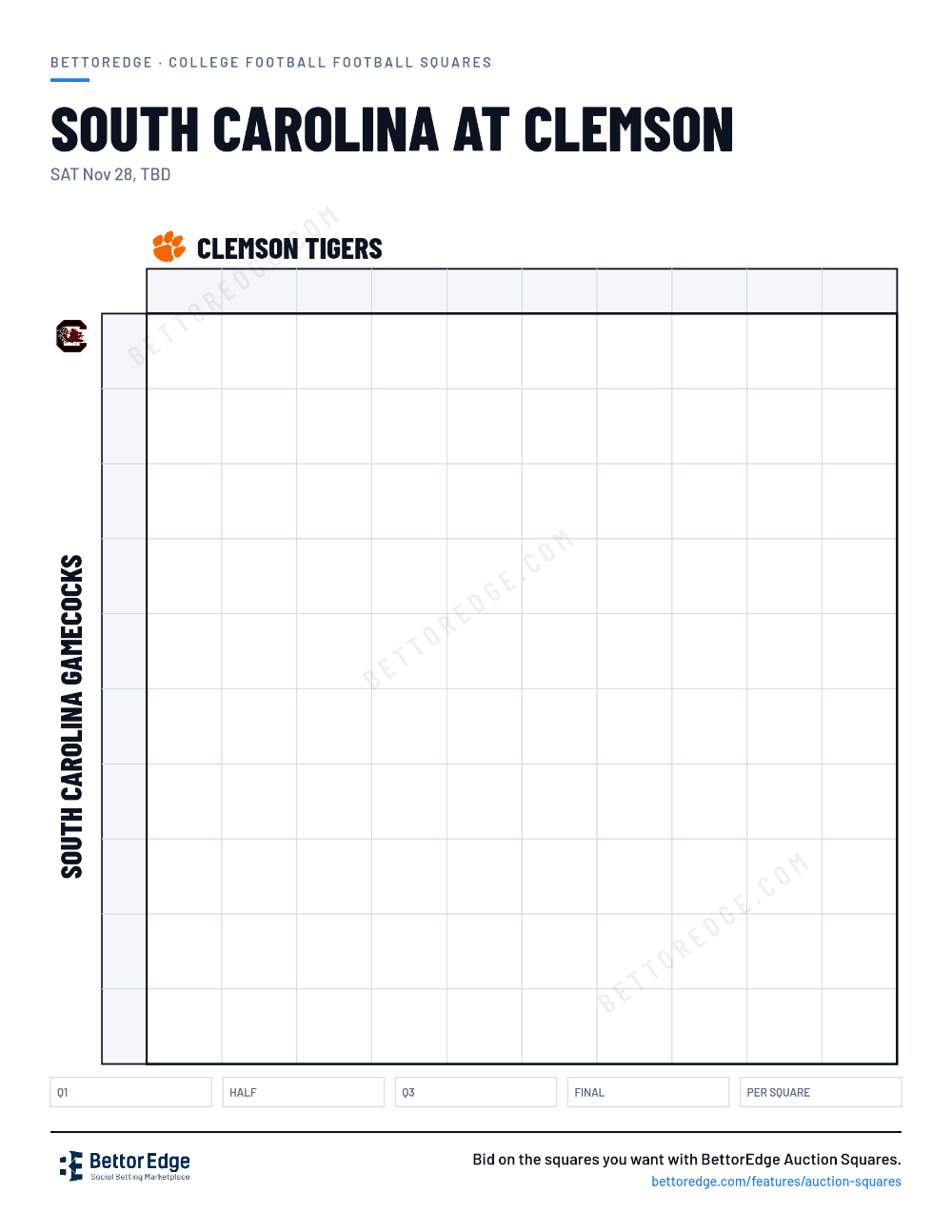 South Carolina at Clemson squares, free printable 10x10 football squares grid