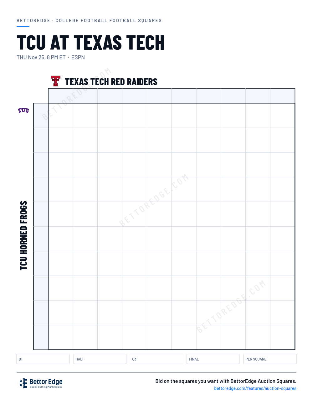 TCU at Texas Tech squares, free printable 10x10 football squares grid