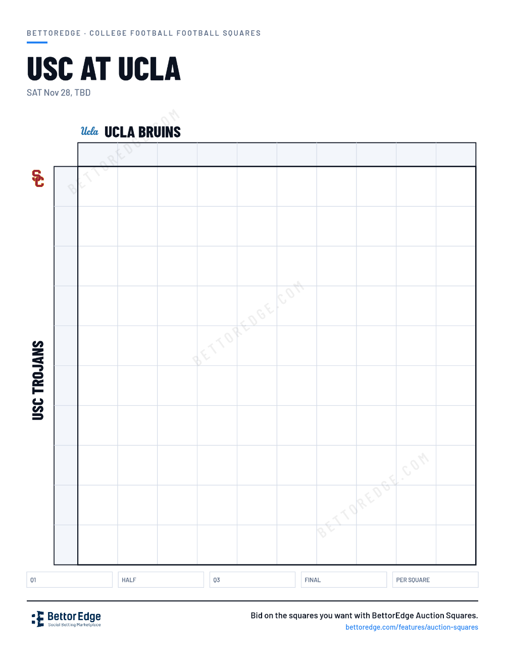 USC at UCLA squares, free printable 10x10 football squares grid