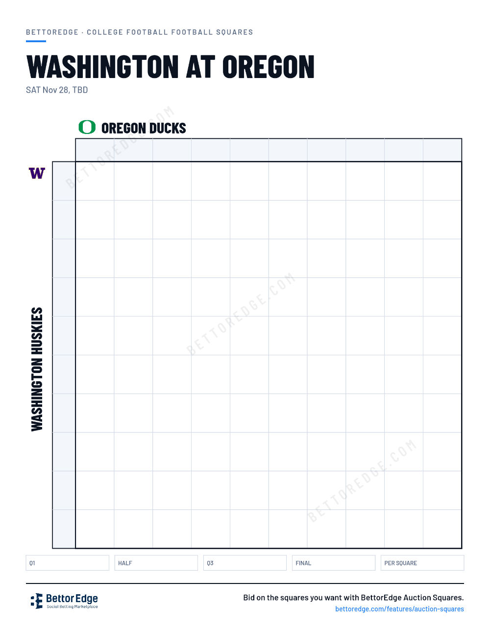 Washington at Oregon squares, free printable 10x10 football squares grid