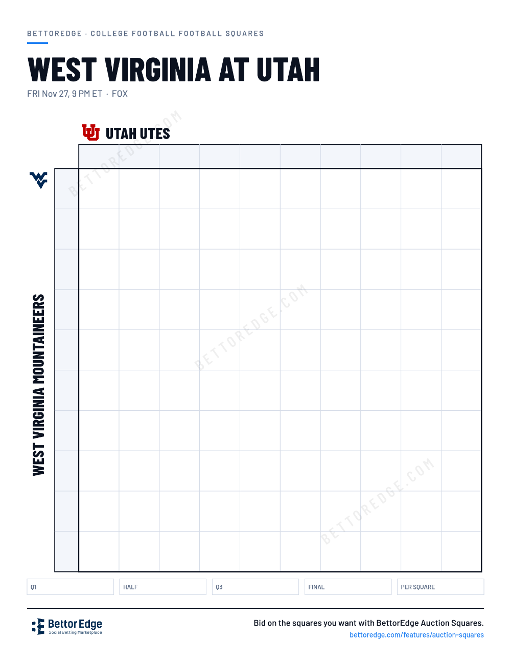 West Virginia at Utah squares, free printable 10x10 football squares grid