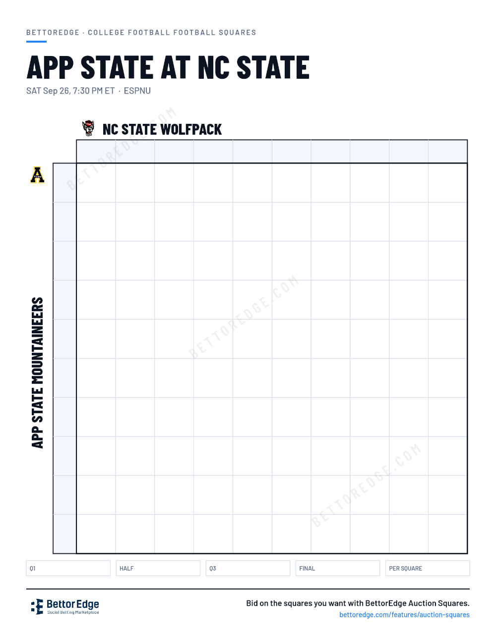 App State at NC State squares, free printable 10x10 football squares grid