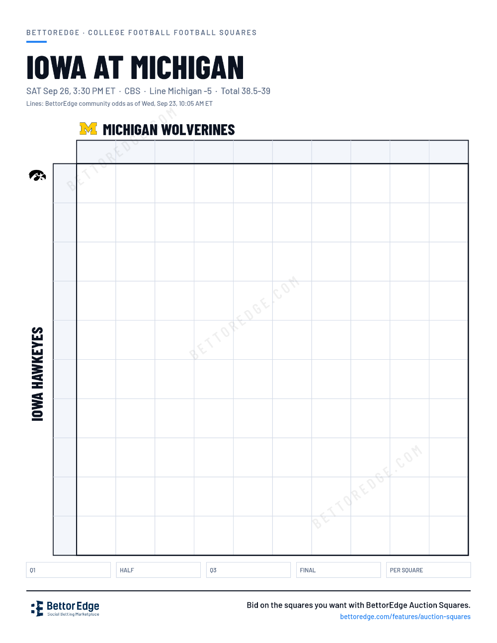 Iowa at Michigan squares, free printable 10x10 football squares grid