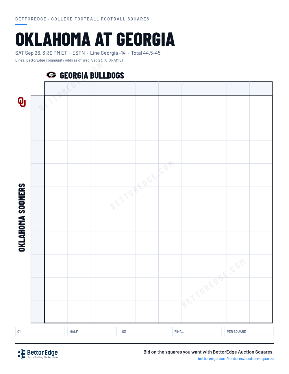 Oklahoma at Georgia squares, free printable 10x10 football squares grid
