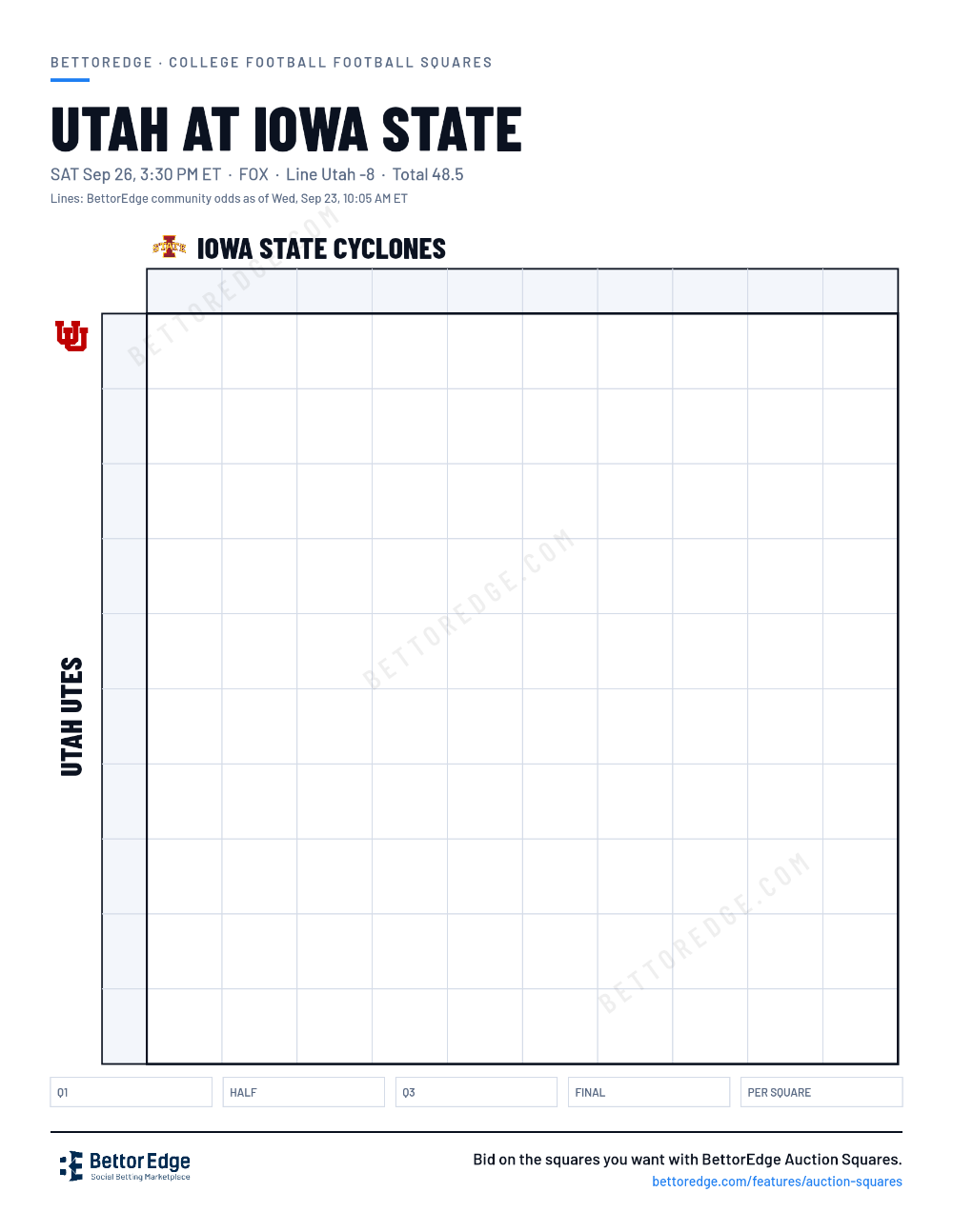 Utah at Iowa State squares, free printable 10x10 football squares grid