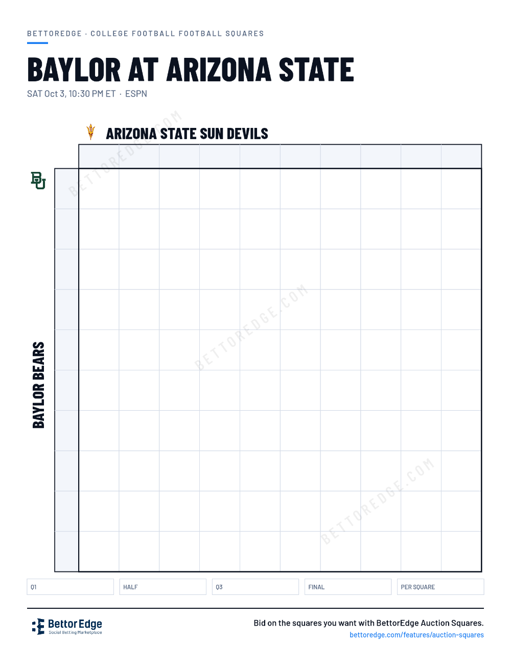 Baylor at Arizona State squares, free printable 10x10 football squares grid