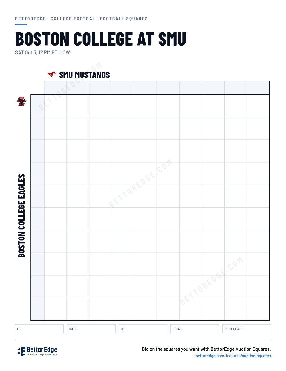Boston College at SMU squares, free printable 10x10 football squares grid