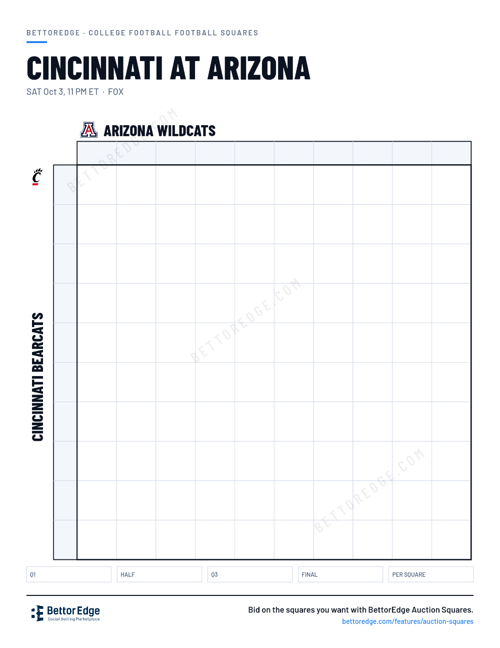 Cincinnati at Arizona squares, free printable 10x10 football squares grid