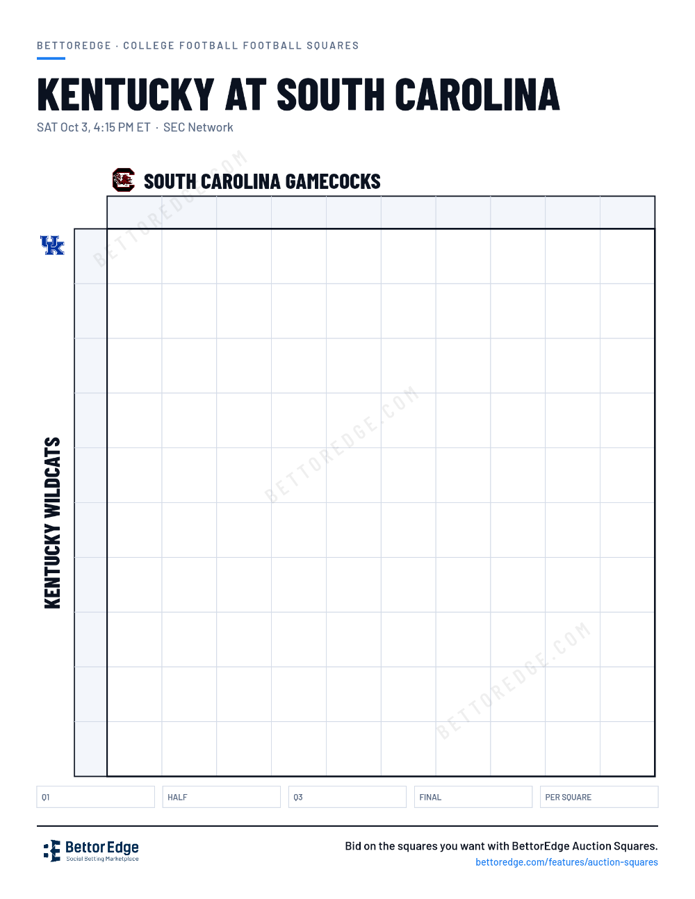 Kentucky at South Carolina squares, free printable 10x10 football squares grid