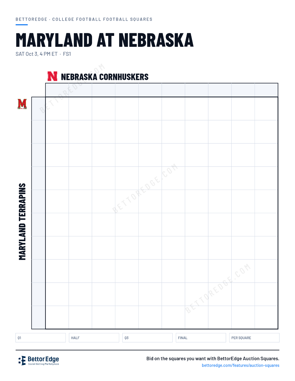 Maryland at Nebraska squares, free printable 10x10 football squares grid