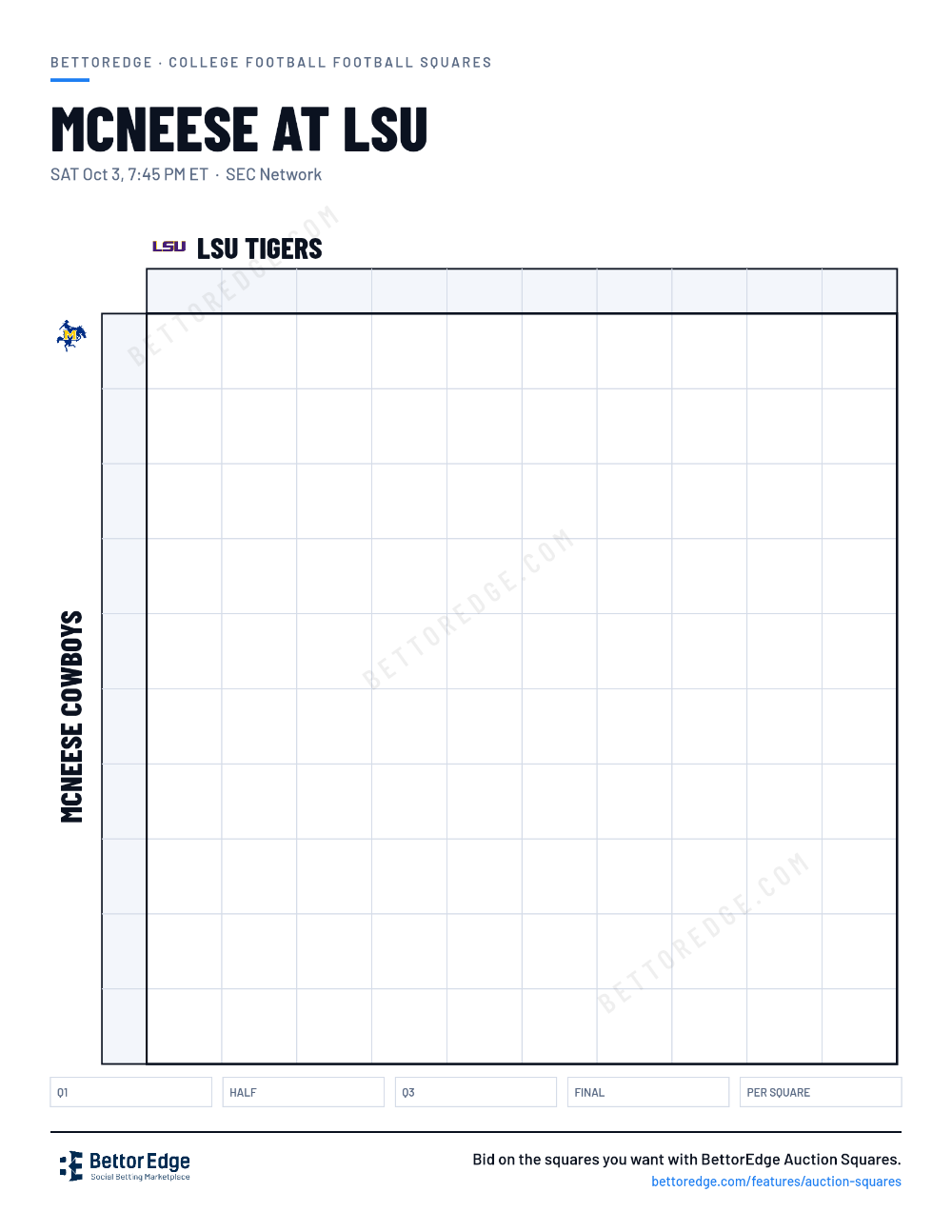 McNeese at LSU squares, free printable 10x10 football squares grid