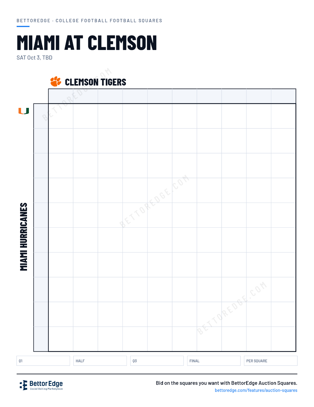 Miami at Clemson squares, free printable 10x10 football squares grid