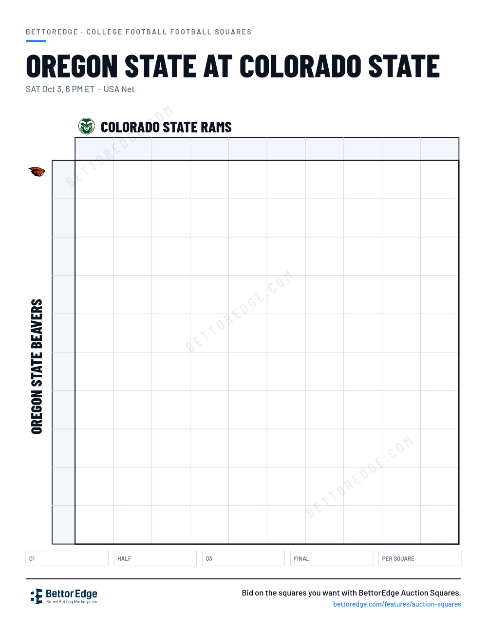 Oregon State at Colorado State squares, free printable 10x10 football squares grid