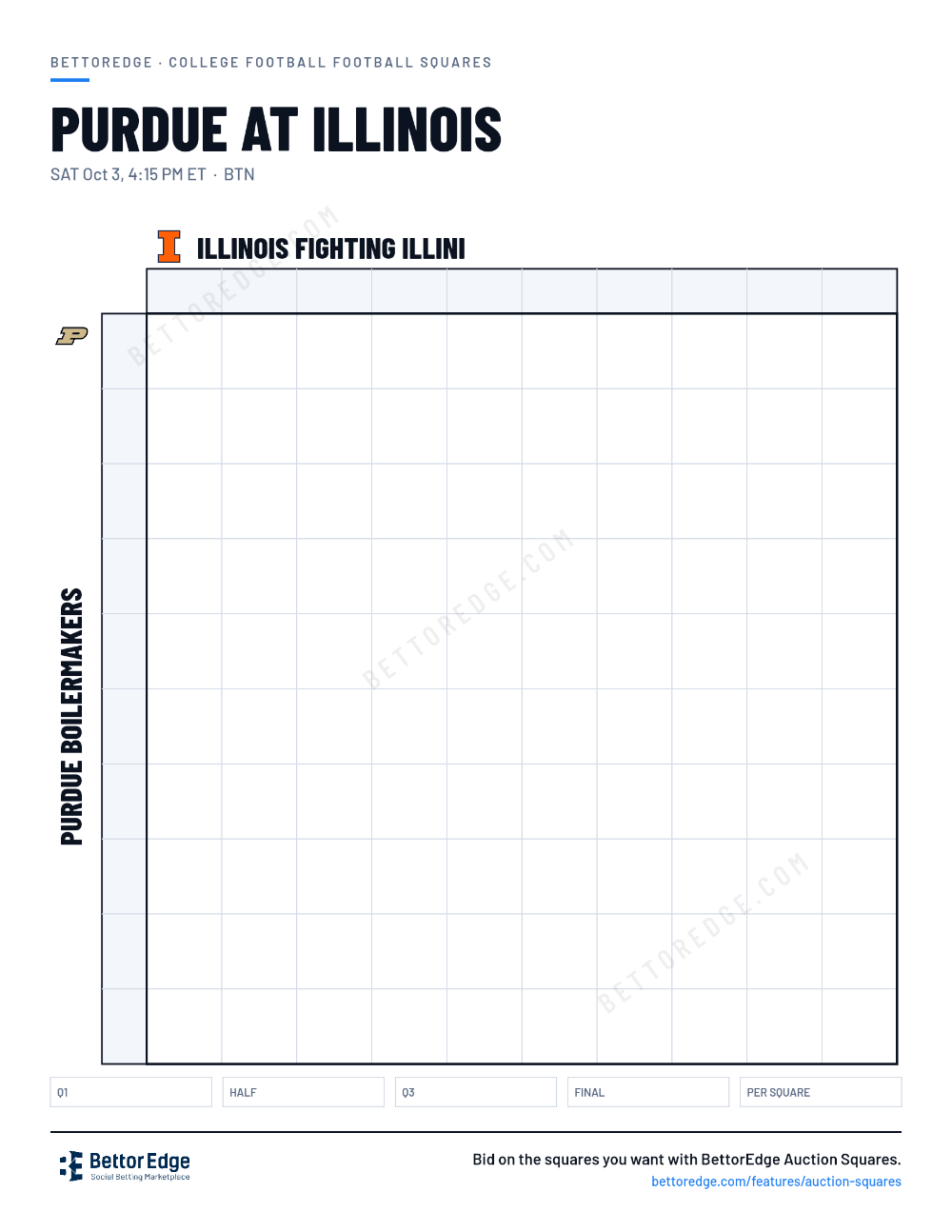 Purdue at Illinois squares, free printable 10x10 football squares grid