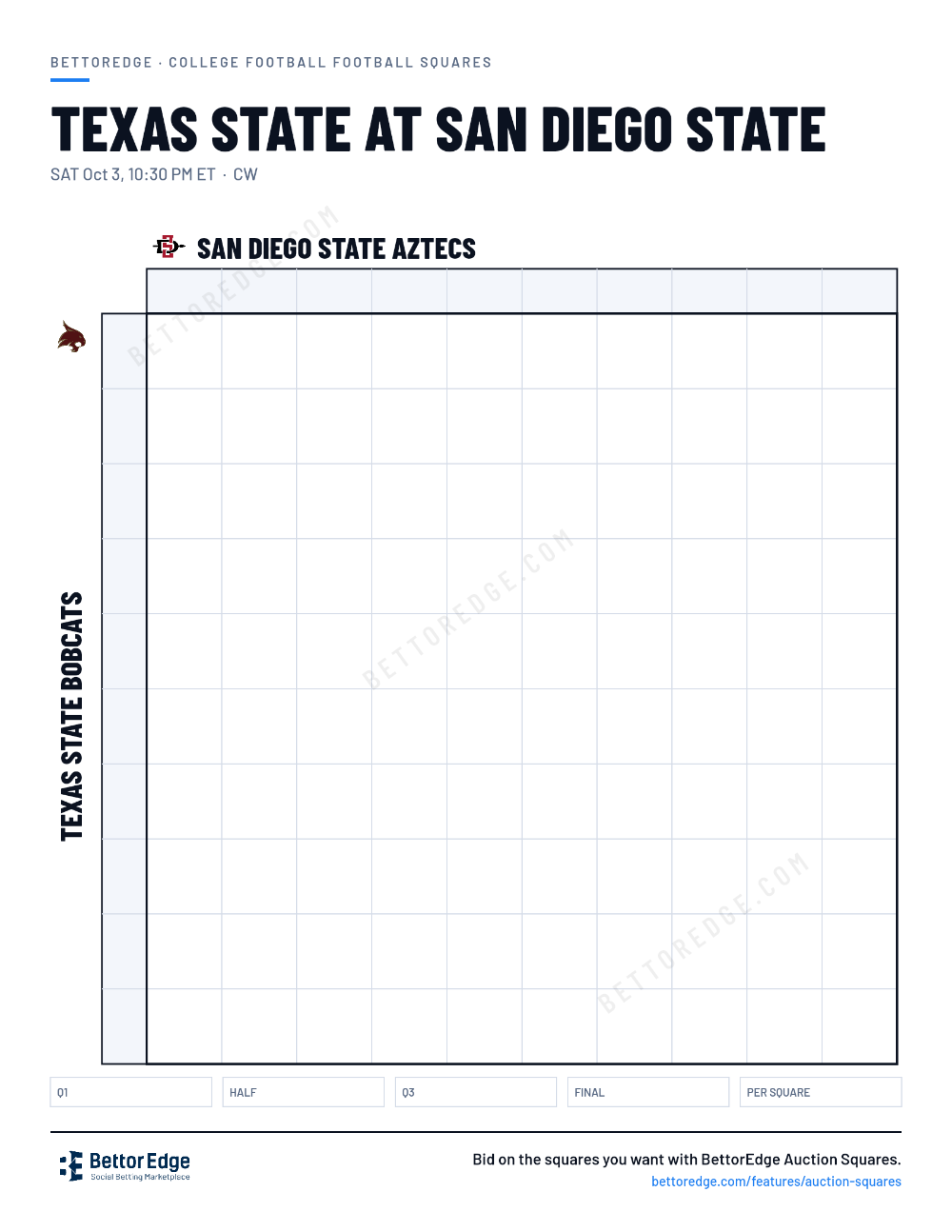 Texas State at San Diego State squares, free printable 10x10 football squares grid