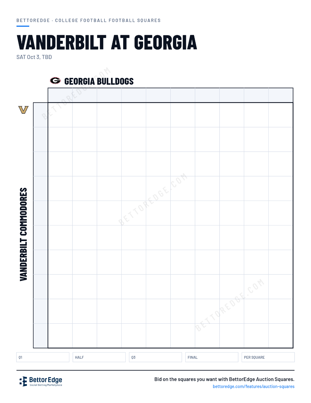 Vanderbilt at Georgia squares, free printable 10x10 football squares grid