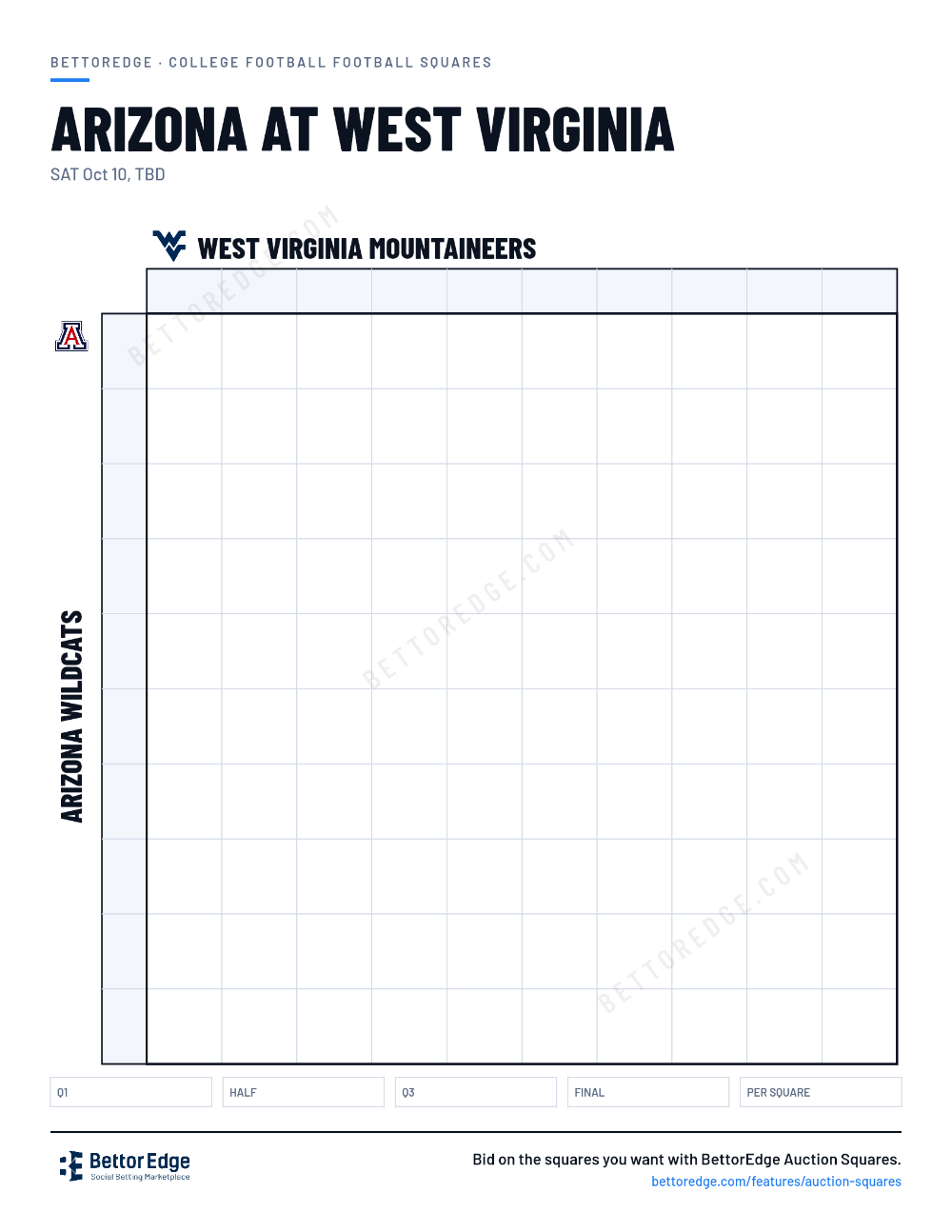 Arizona at West Virginia squares, free printable 10x10 football squares grid
