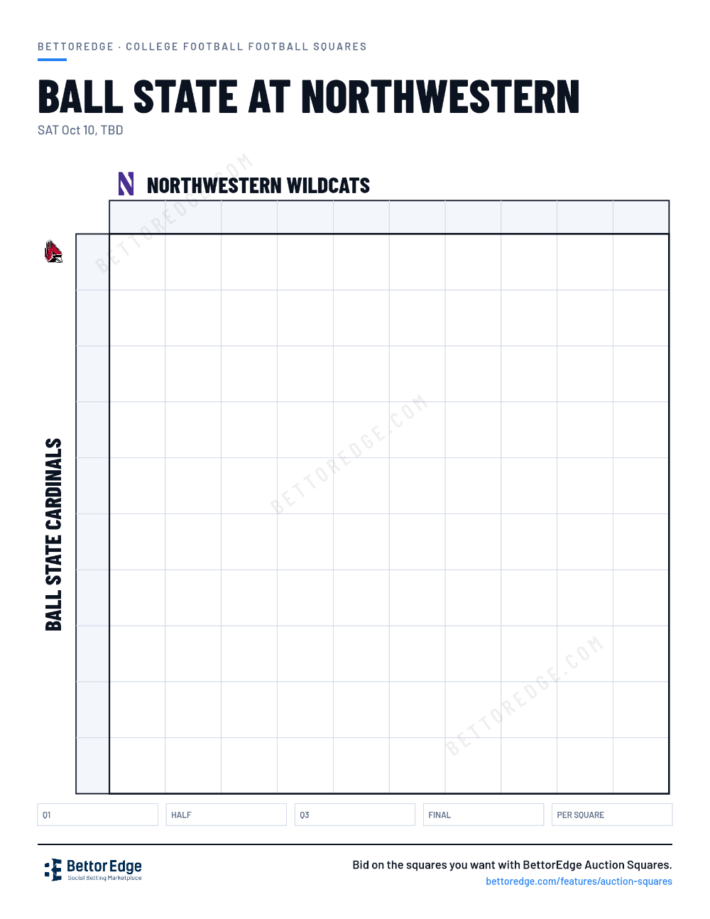 Ball State at Northwestern squares, free printable 10x10 football squares grid