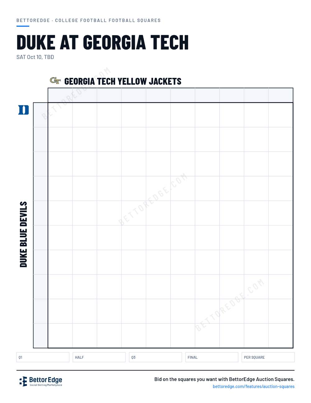Duke at Georgia Tech squares, free printable 10x10 football squares grid