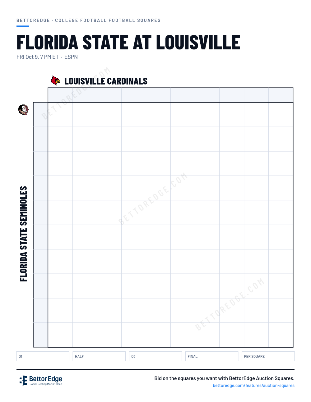 Florida State at Louisville squares, free printable 10x10 football squares grid