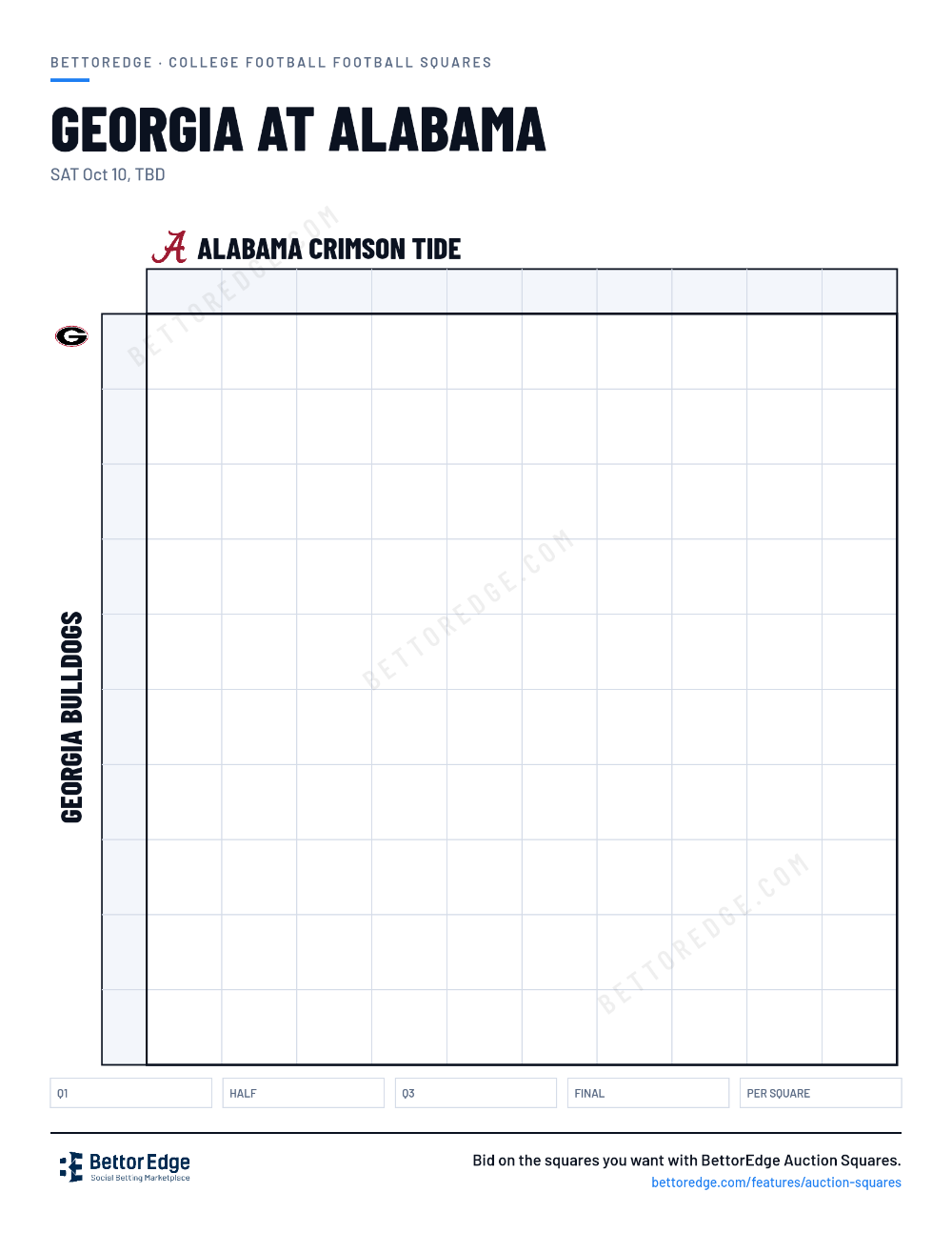 Georgia at Alabama squares, free printable 10x10 football squares grid