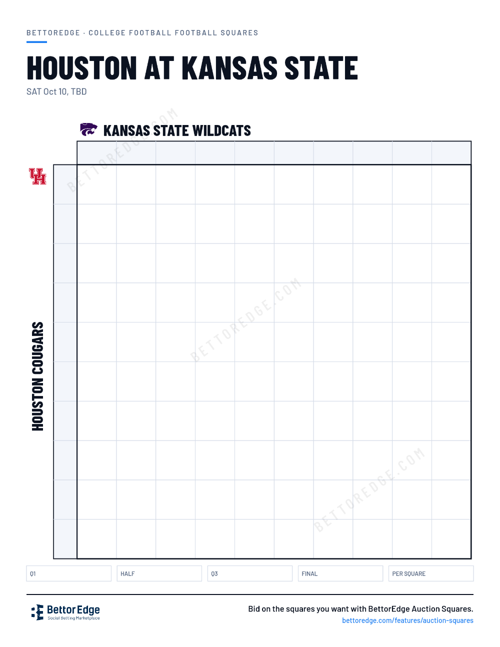 Houston at Kansas State squares, free printable 10x10 football squares grid