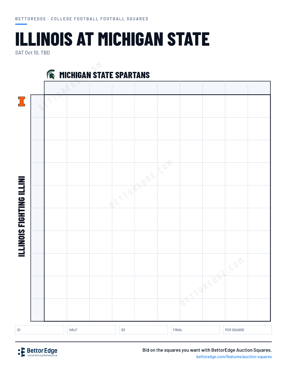 Illinois at Michigan State squares, free printable 10x10 football squares grid