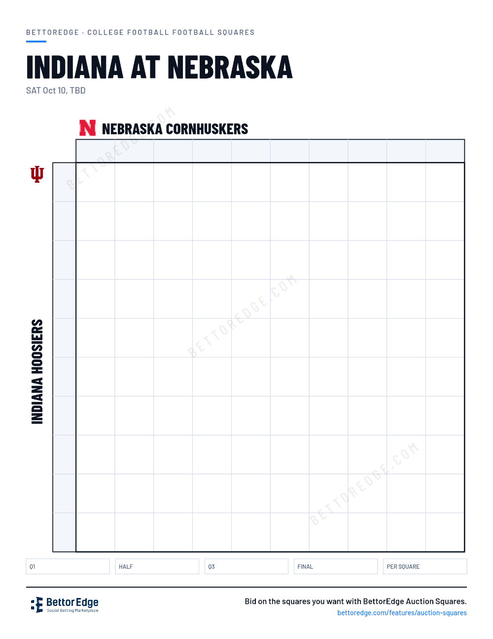 Indiana at Nebraska squares, free printable 10x10 football squares grid