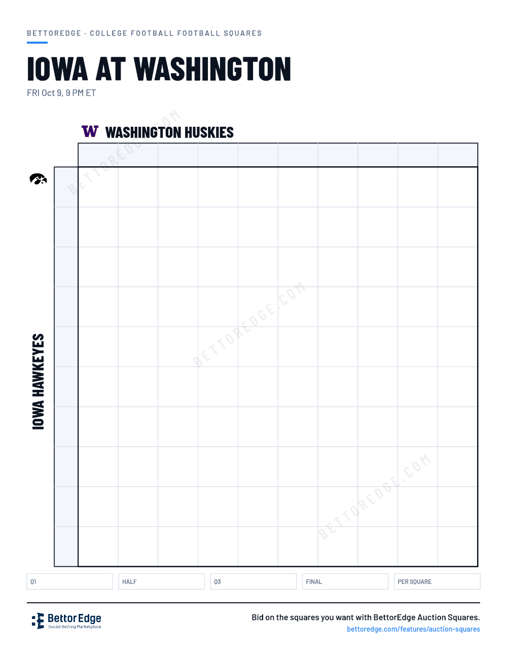 Iowa at Washington squares, free printable 10x10 football squares grid