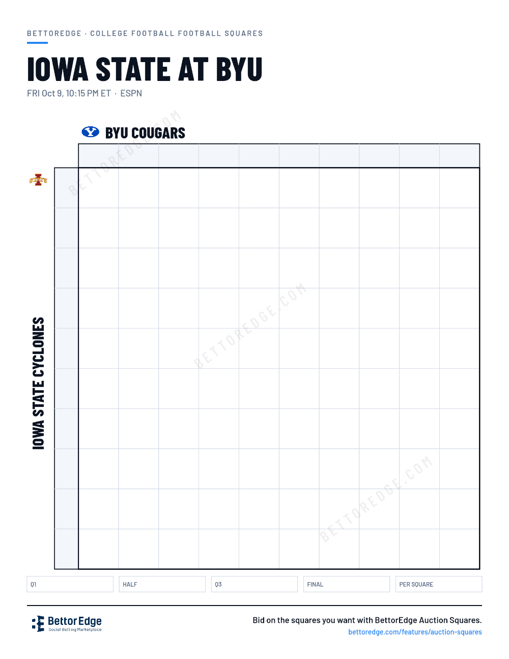 Iowa State at BYU squares, free printable 10x10 football squares grid