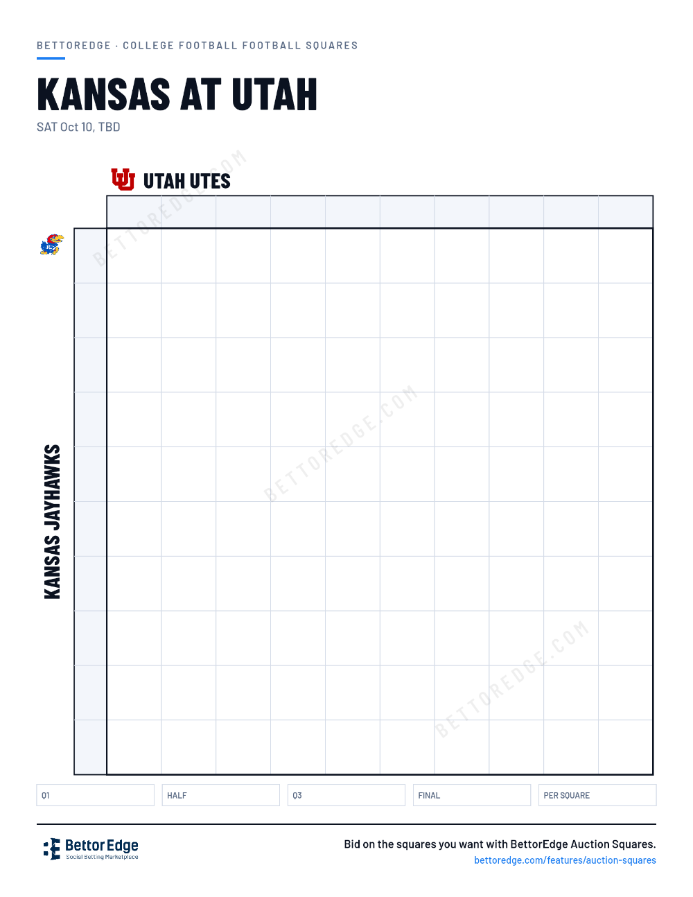 Kansas at Utah squares, free printable 10x10 football squares grid