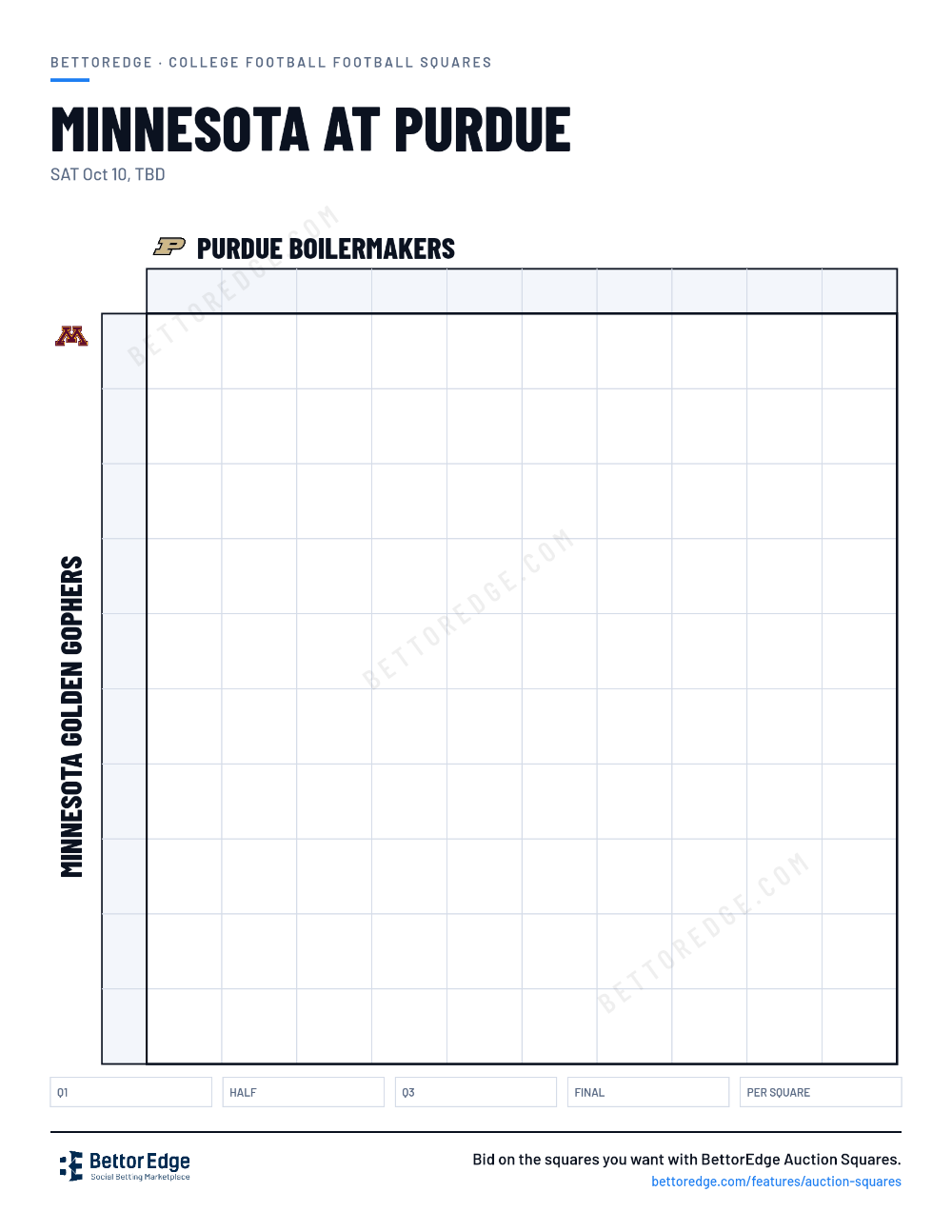 Minnesota at Purdue squares, free printable 10x10 football squares grid