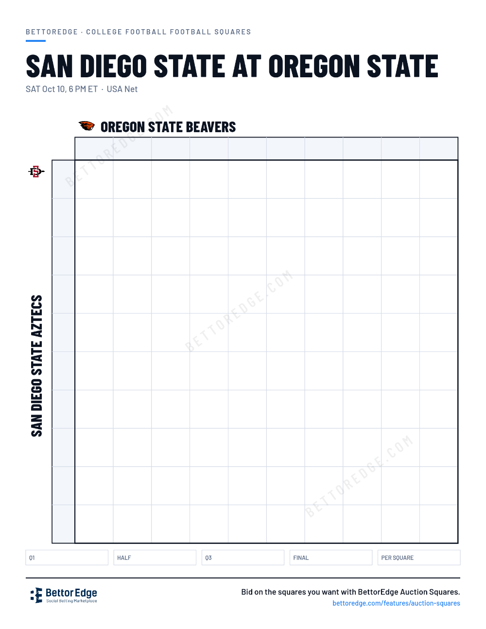 San Diego State at Oregon State squares, free printable 10x10 football squares grid