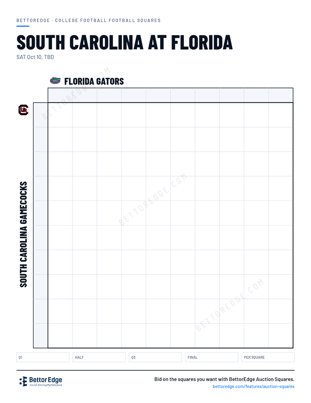 South Carolina at Florida squares, free printable 10x10 football squares grid