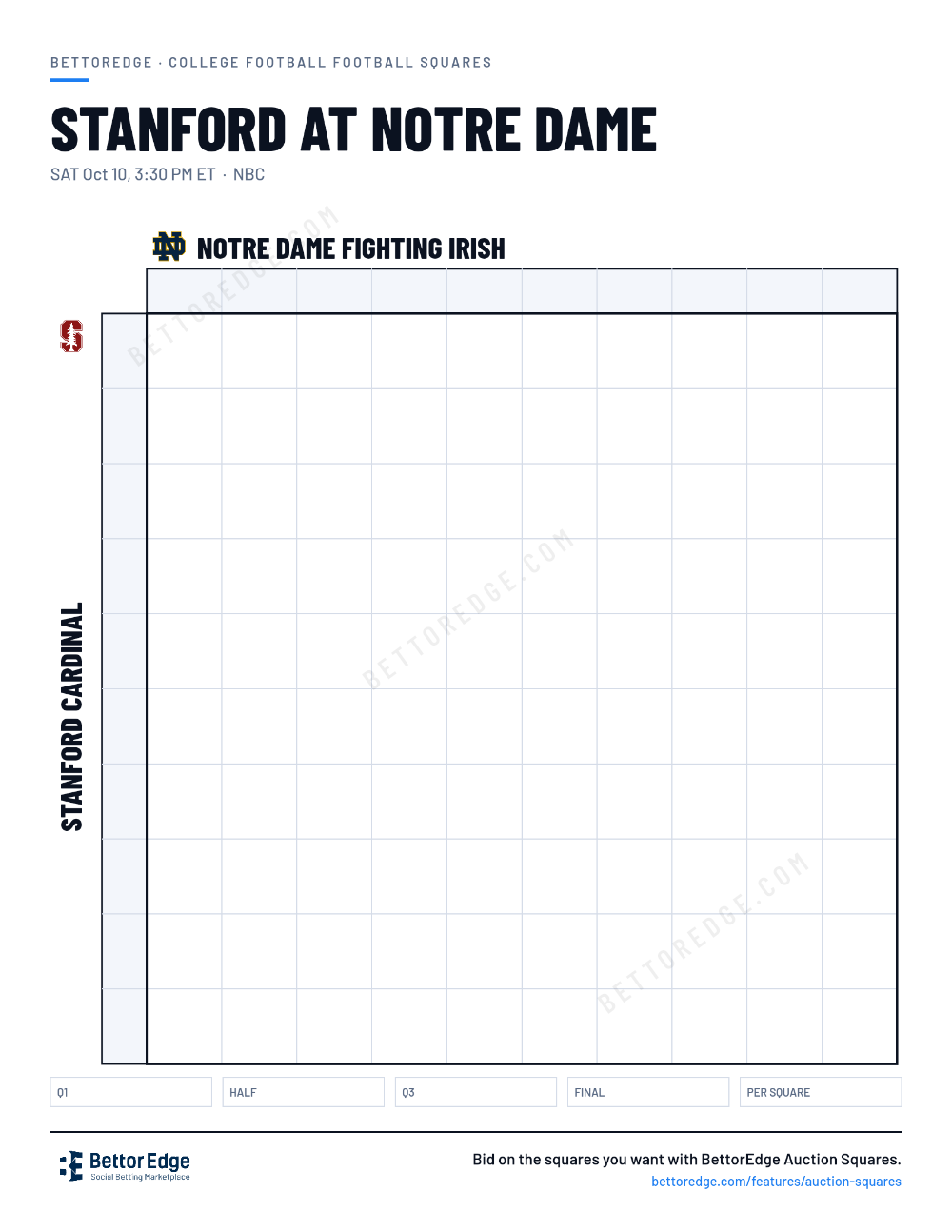Stanford at Notre Dame squares, free printable 10x10 football squares grid