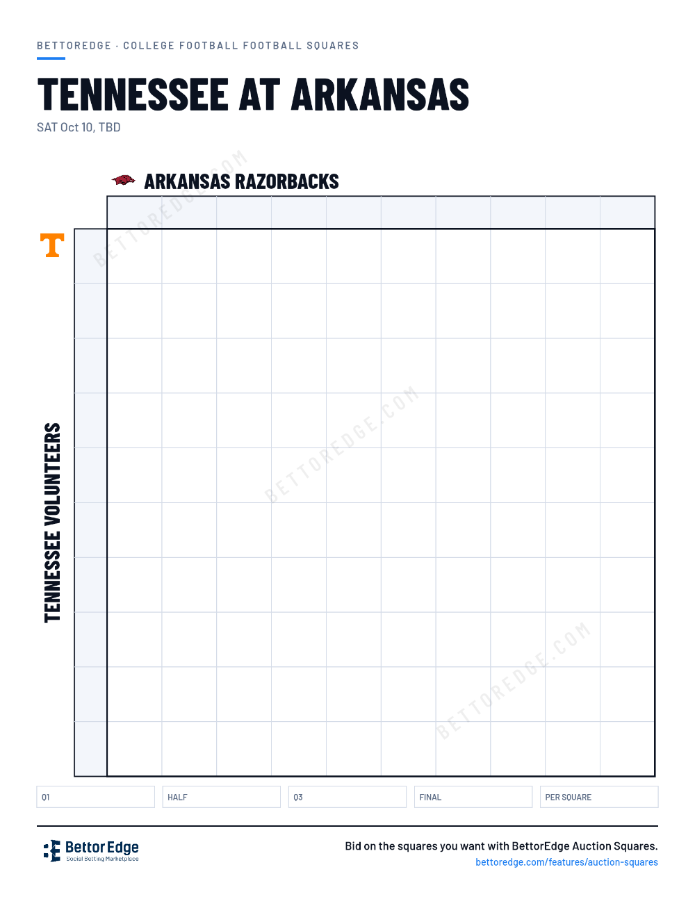Tennessee at Arkansas squares, free printable 10x10 football squares grid