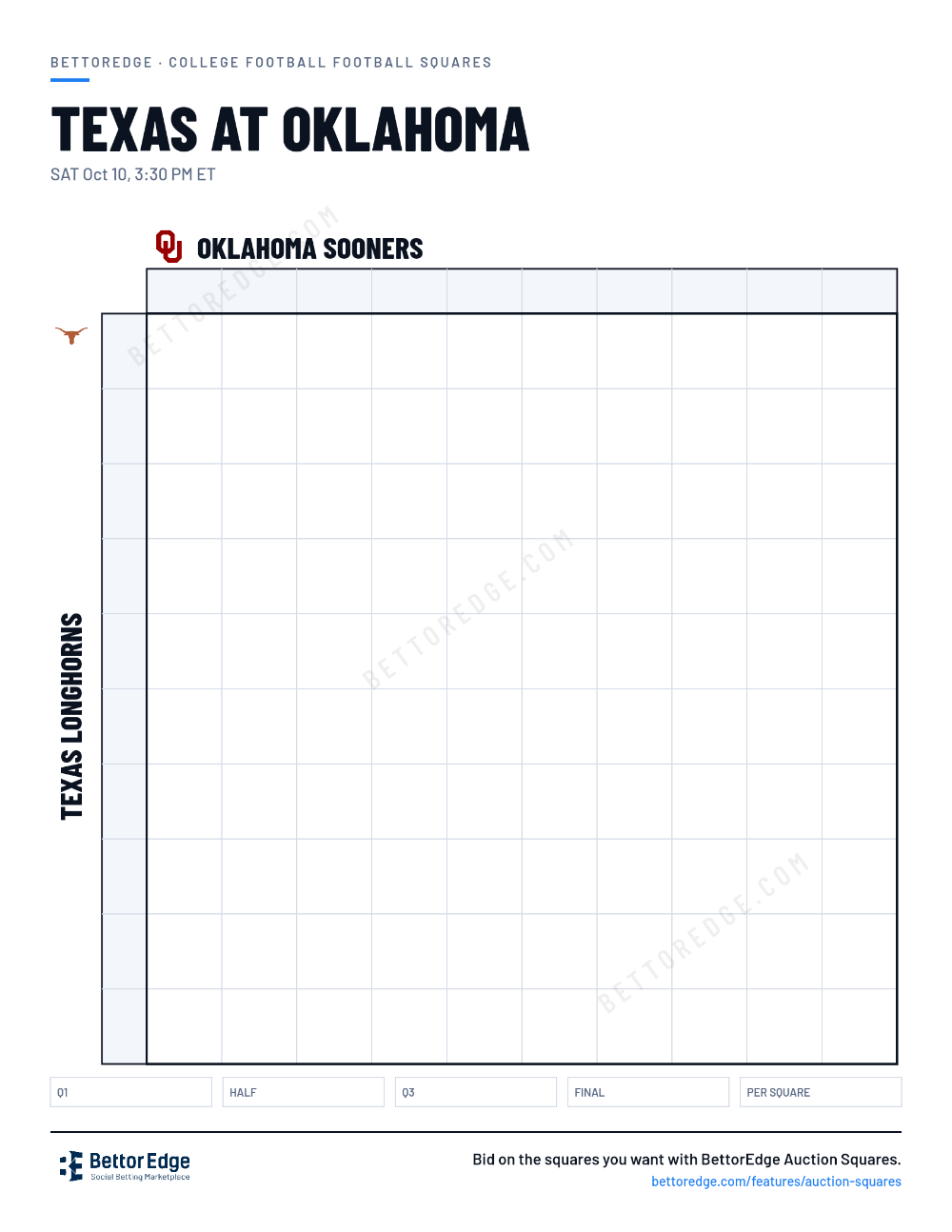 Texas at Oklahoma squares, free printable 10x10 football squares grid