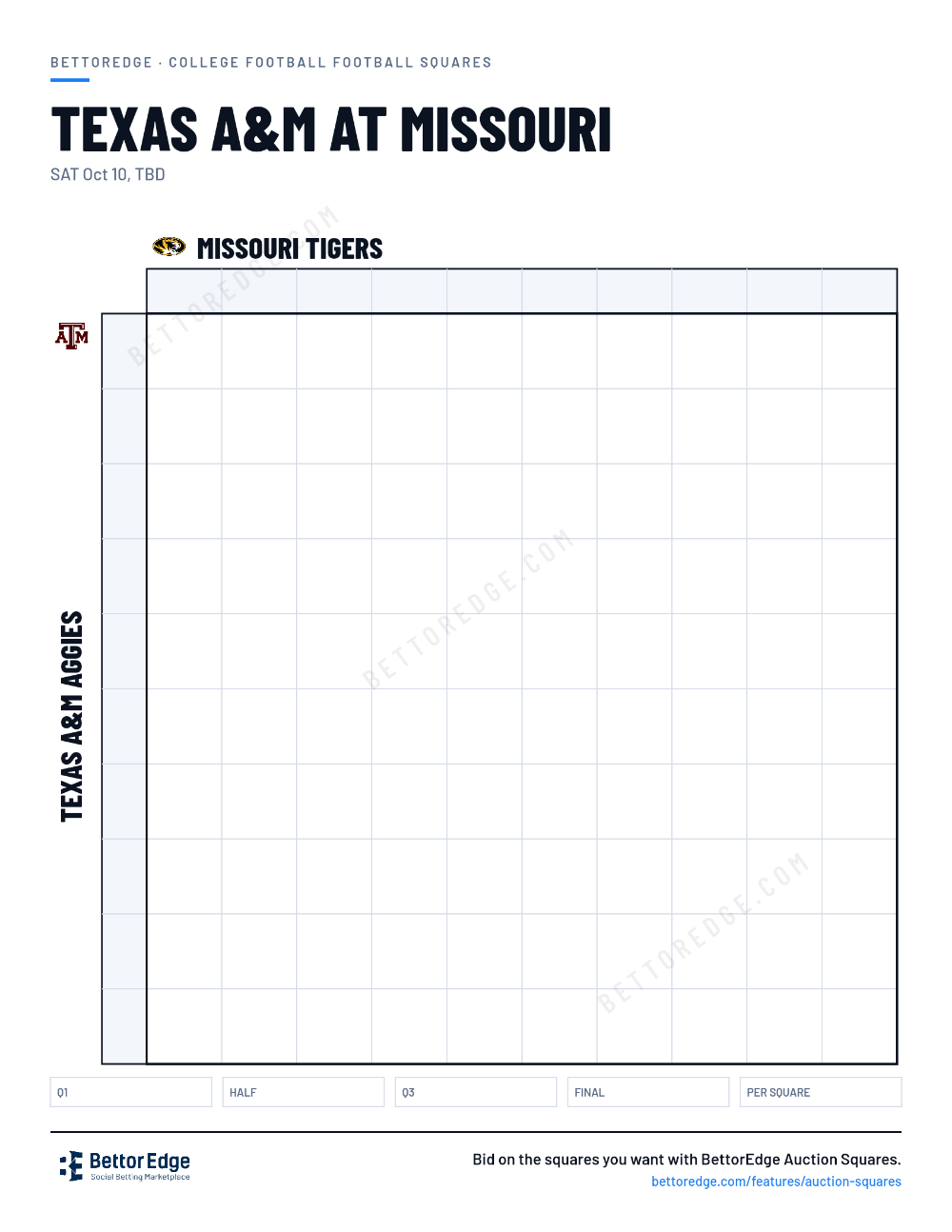 Texas A&M at Missouri squares, free printable 10x10 football squares grid