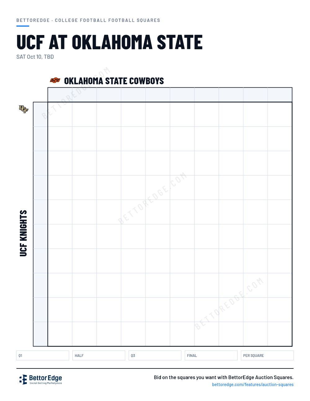 UCF at Oklahoma State squares, free printable 10x10 football squares grid