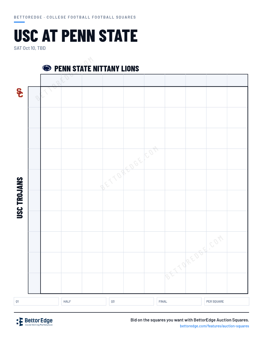 USC at Penn State squares, free printable 10x10 football squares grid