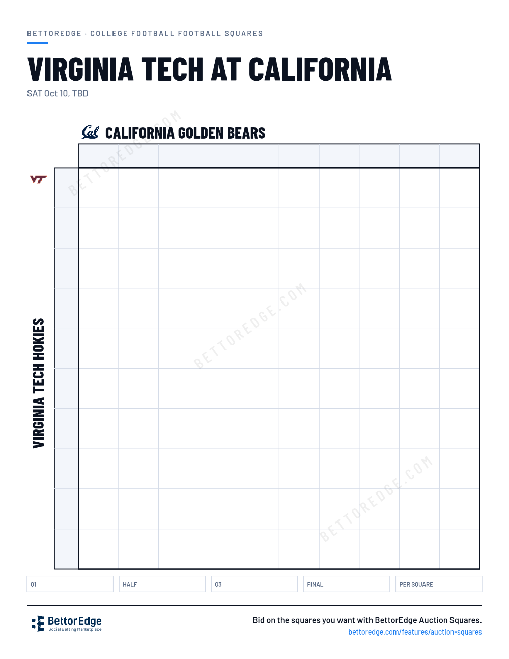 Virginia Tech at California squares, free printable 10x10 football squares grid