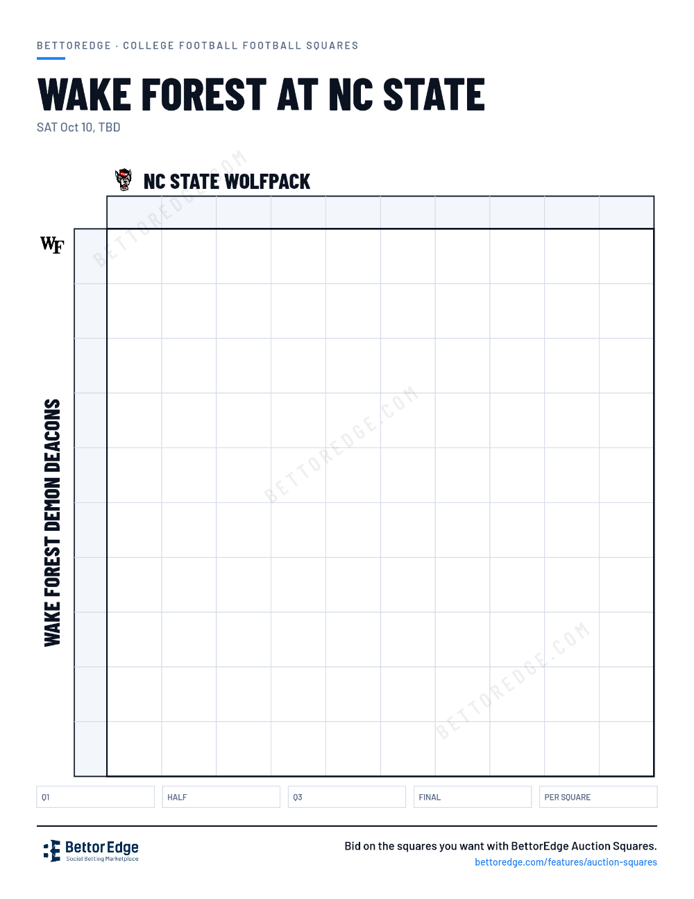 Wake Forest at NC State squares, free printable 10x10 football squares grid