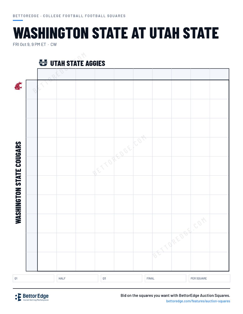 Washington State at Utah State squares, free printable 10x10 football squares grid